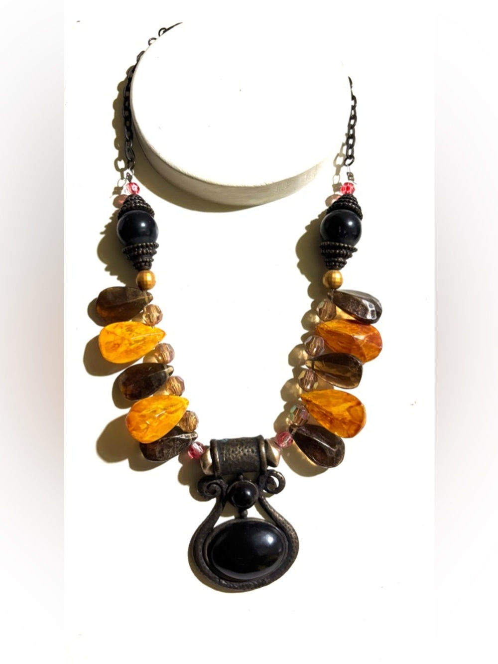 Vintage Amber and Black Beaded plastic Statement Necklace with Ornate Pendant